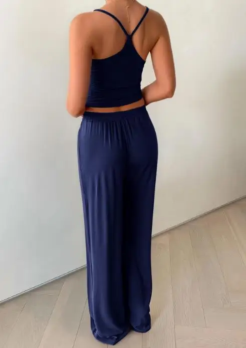 

2025 Solid Color V-Neck Sleeveless Camisole Top and Lace Up Straight Leg Pants Set Summer New Women's Yoga Sports 2-Piece Set