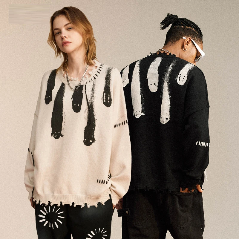 Tassel Design Print Sweater 2023 Spring Loose Knitted Pullovers Hip Hop Streetwear Harajuku Jumper Sweaters Knitwear