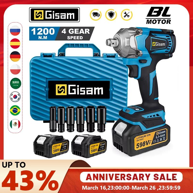 Gisam 1200N.M Torque Brushless Electric Impact Wrench 1/2 inch Cordless Wrench Screwdriver Power Tools For Makita 18V Battery