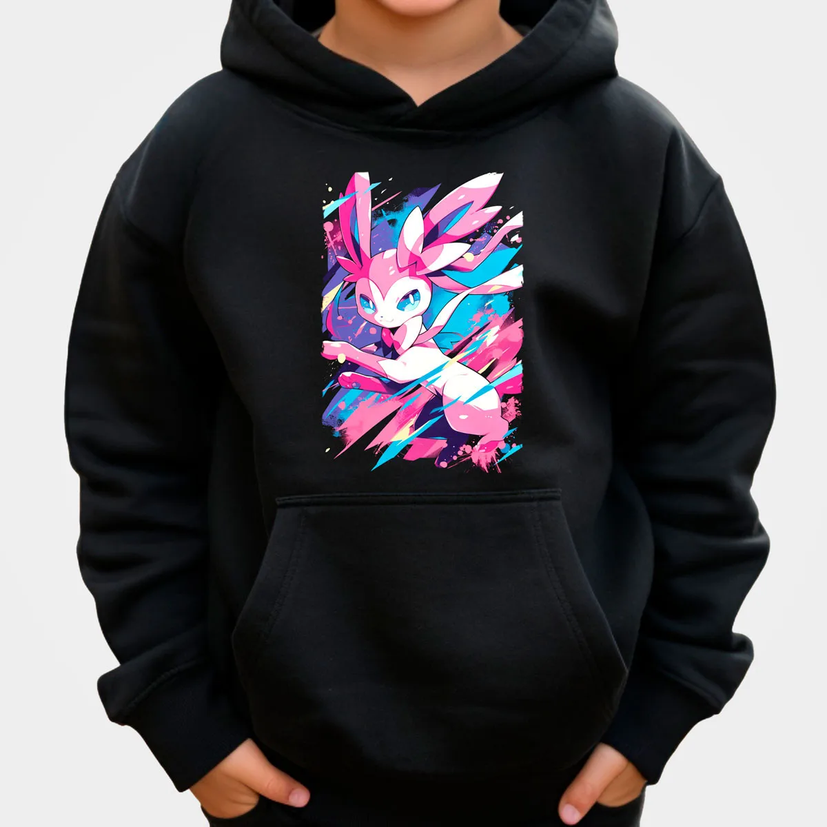 Sudadera con capucha de algodón de Anime Pokemon, Color negro con estampado de personajes de salpicaduras en rosa y azul, ropa de calle informal cálida y holgada para otoño e invierno