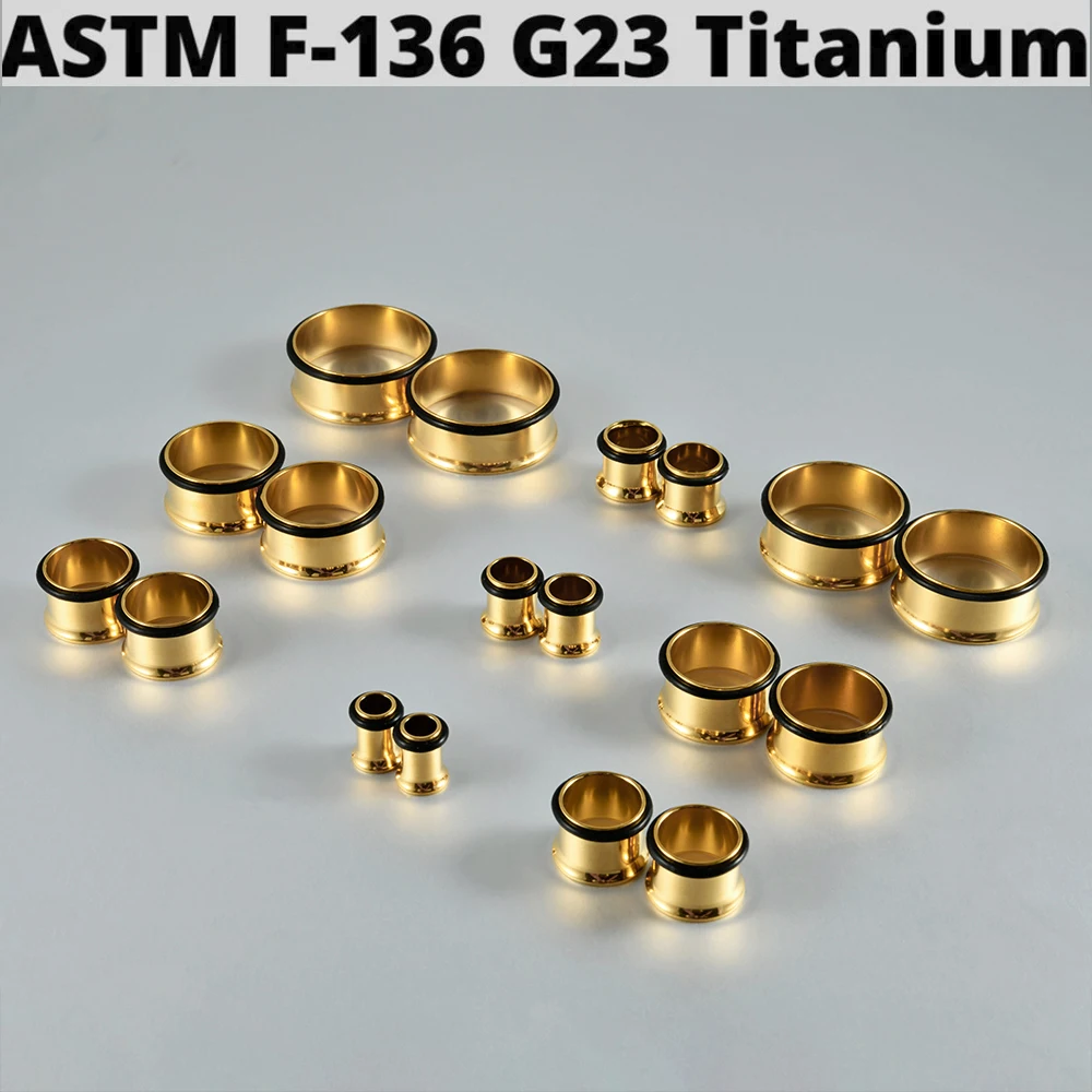 PAIR G23 Titanium Single Flare Tunnel Plugs Expander Golden Tapers Ear Lobe Stretching Plugs Round Hollow Ear Piercing Jewelry