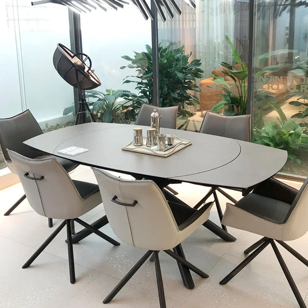 Stone Plate Retractable Dining Table Modern Minimalist Living Room Oval Rotating Dining Tables and Chairs Set