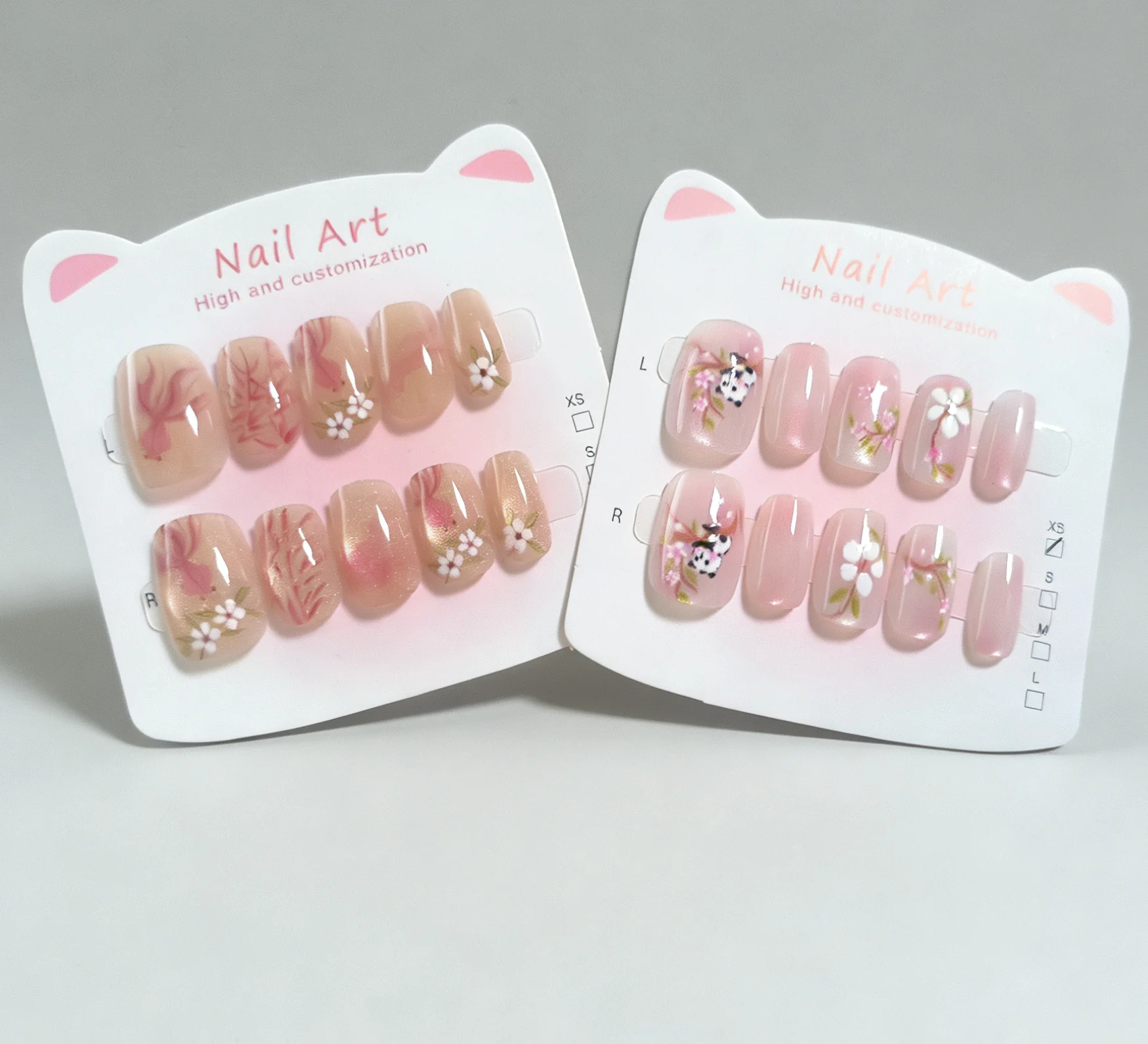 

10pcs Pink Handmade Press On Nails Short Square Panda Goldfish Design Woman Cute Reusable Cat's Eye False Nails Tips Removable