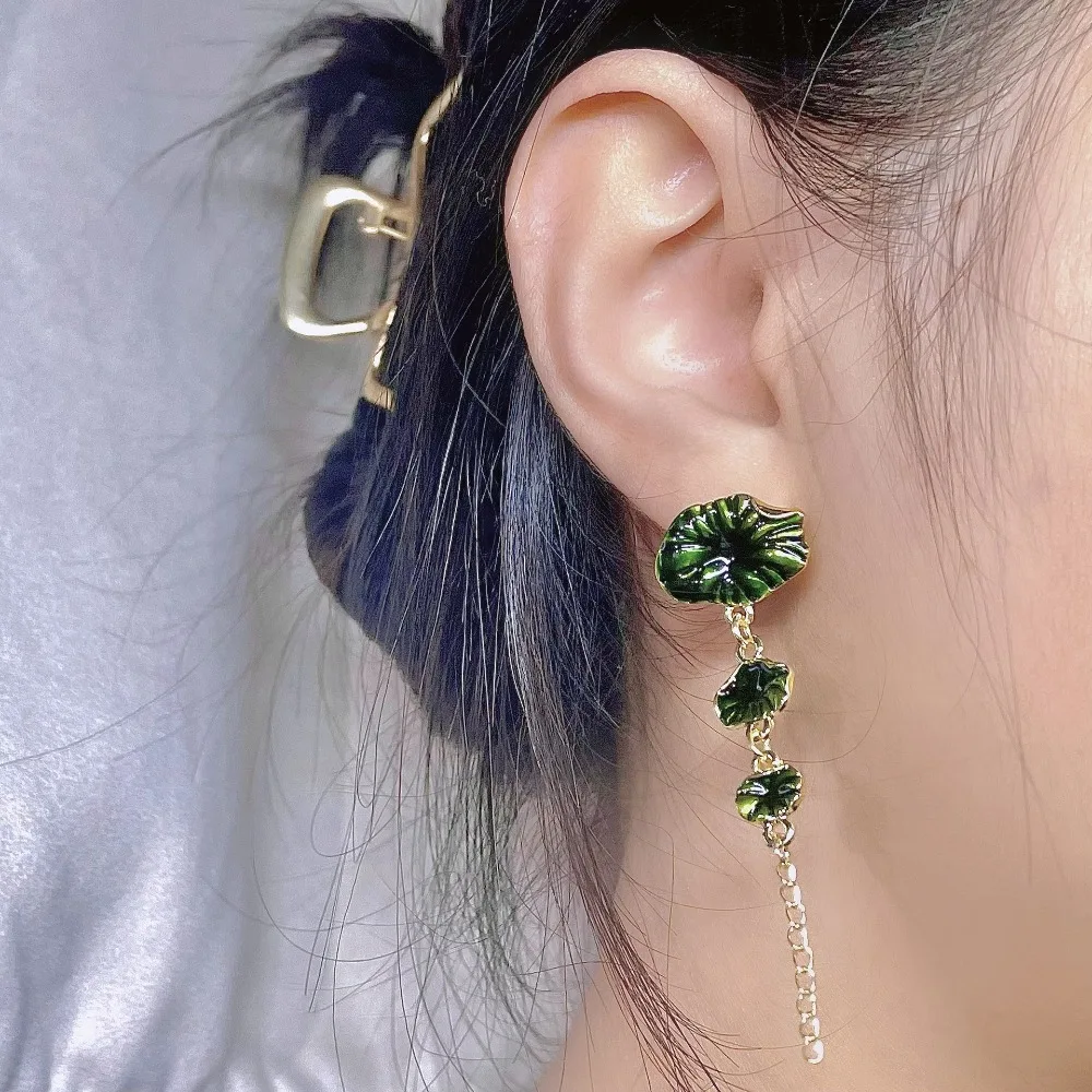 Green Lotus Leaf Earrings for Girls, Cute Flower Floral Petal Dangle Earrings, Stylish Flower Jewelry Gifts Funny Earrings