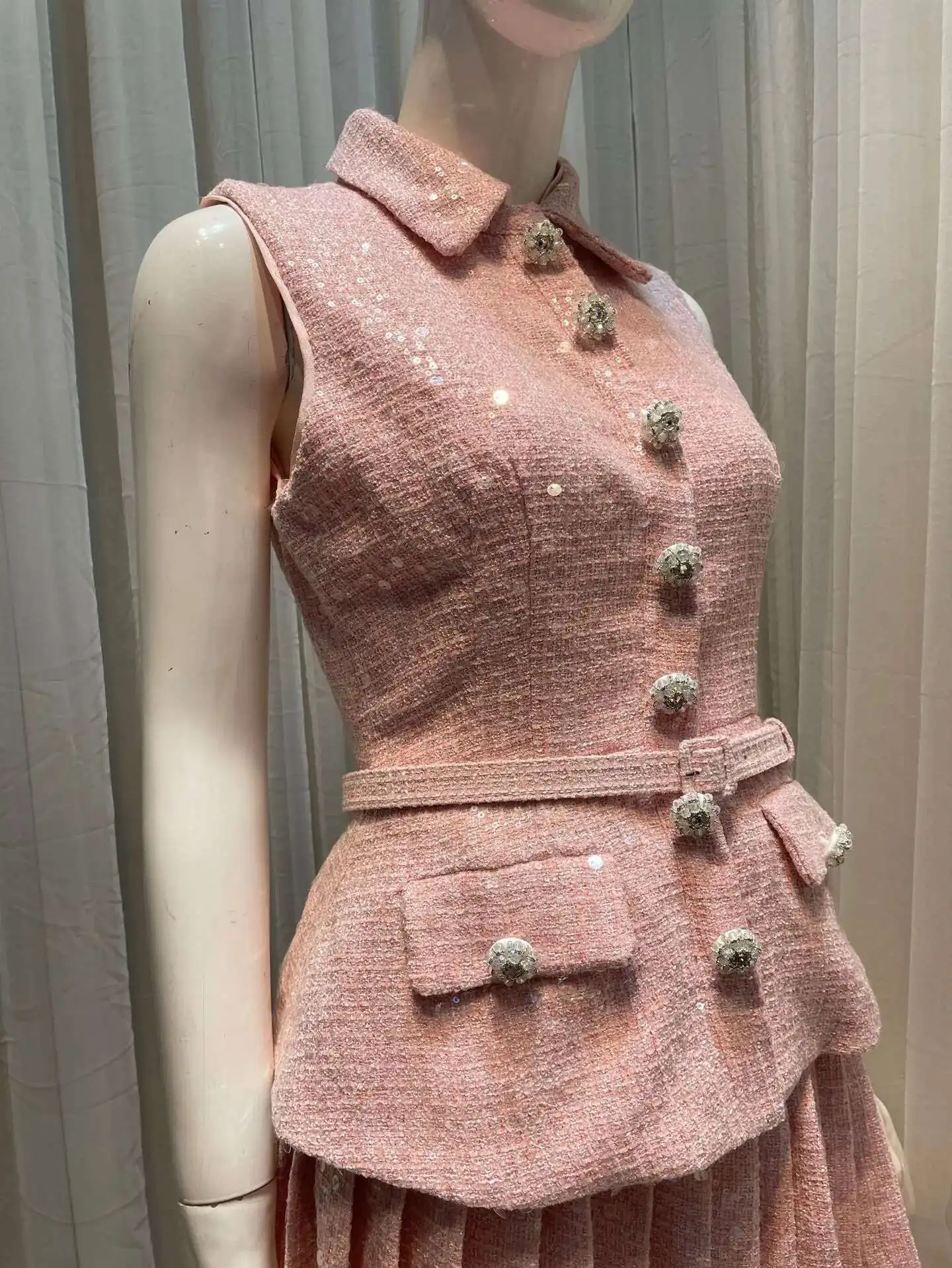 Crystal Luxury Tweed Dress Women Fake 2 Piece Sets Brand Designer Single Breasted Prom Evening Short Sequins Dresses Party