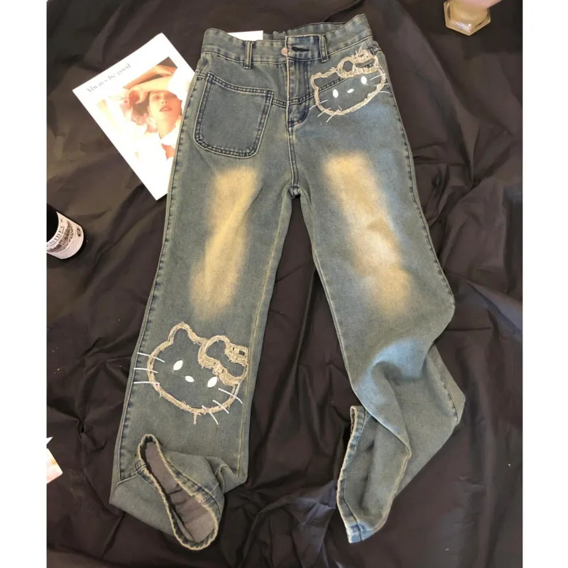 Vintage Hello Kitty Wide Leg Jean Y2k Embroidered High Waist Denim Pant High Street Button Straight Jean Baggy Trouser For Women