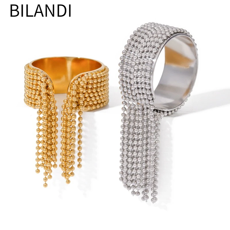 Bilandi Fashion Jewelry Luxury Temperament Metal Bead Tassel Open Rings For Women Party Gifts Simply Design Accessories