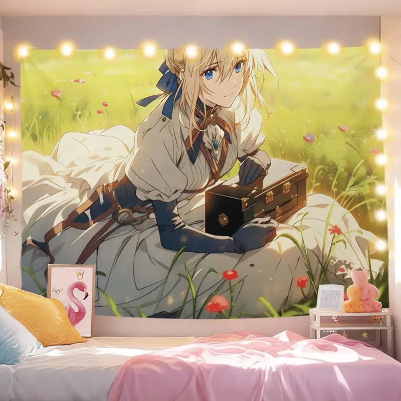 VIKAMA Blonde Anime Girl Reading Letter Tapestry Wall Hanging Green Mountain Red Ribbon Aesthetic Wall Art Dorm Bedroom Decor