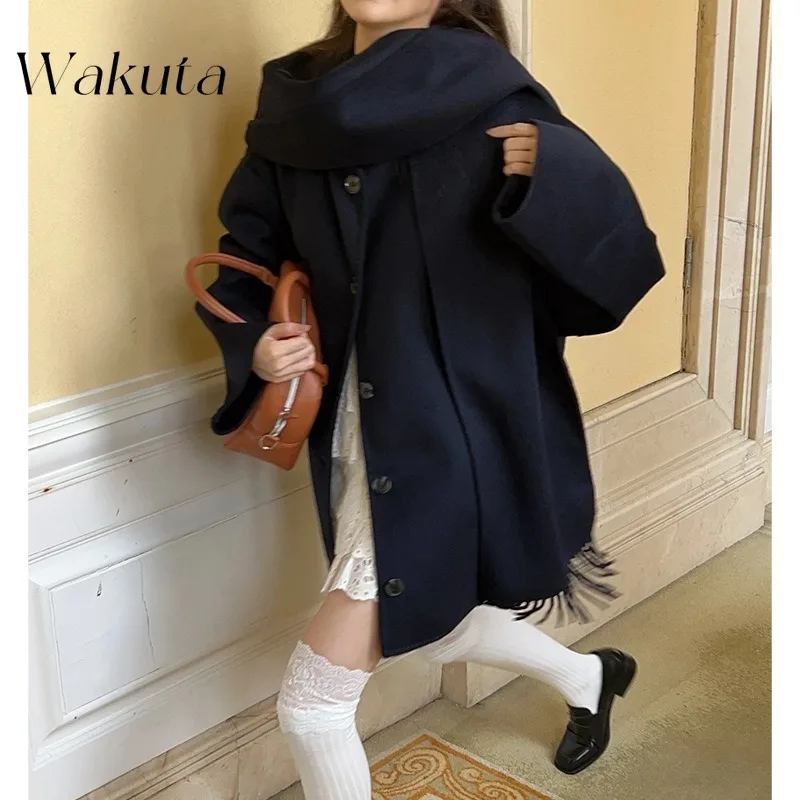 WAKUTA Fall and Winter Japanese Retro Striped Lazy Scarf Wool New Section of The Long Tassel Tweed Jackets Women Пальто Женское