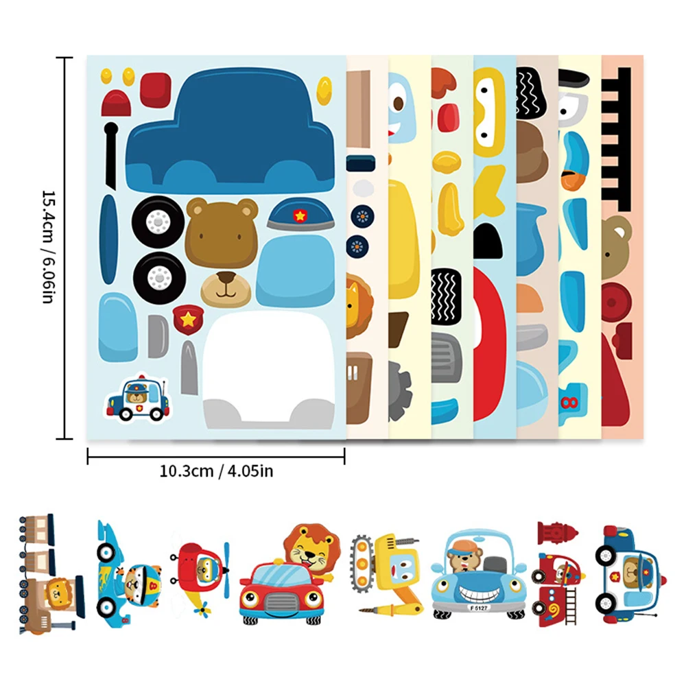 

8/16sheets Funny Cartoon Engineering Vehicle Puzzle Make Your Own Truck Jigsaw Sticker DIY Assemble Jigsaw Party Decoration Toys