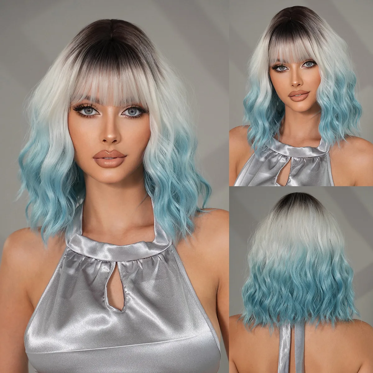 

Short curly hair gradual change blue wig female Qi bangs water ripple Bob head chemical fiber full headgear