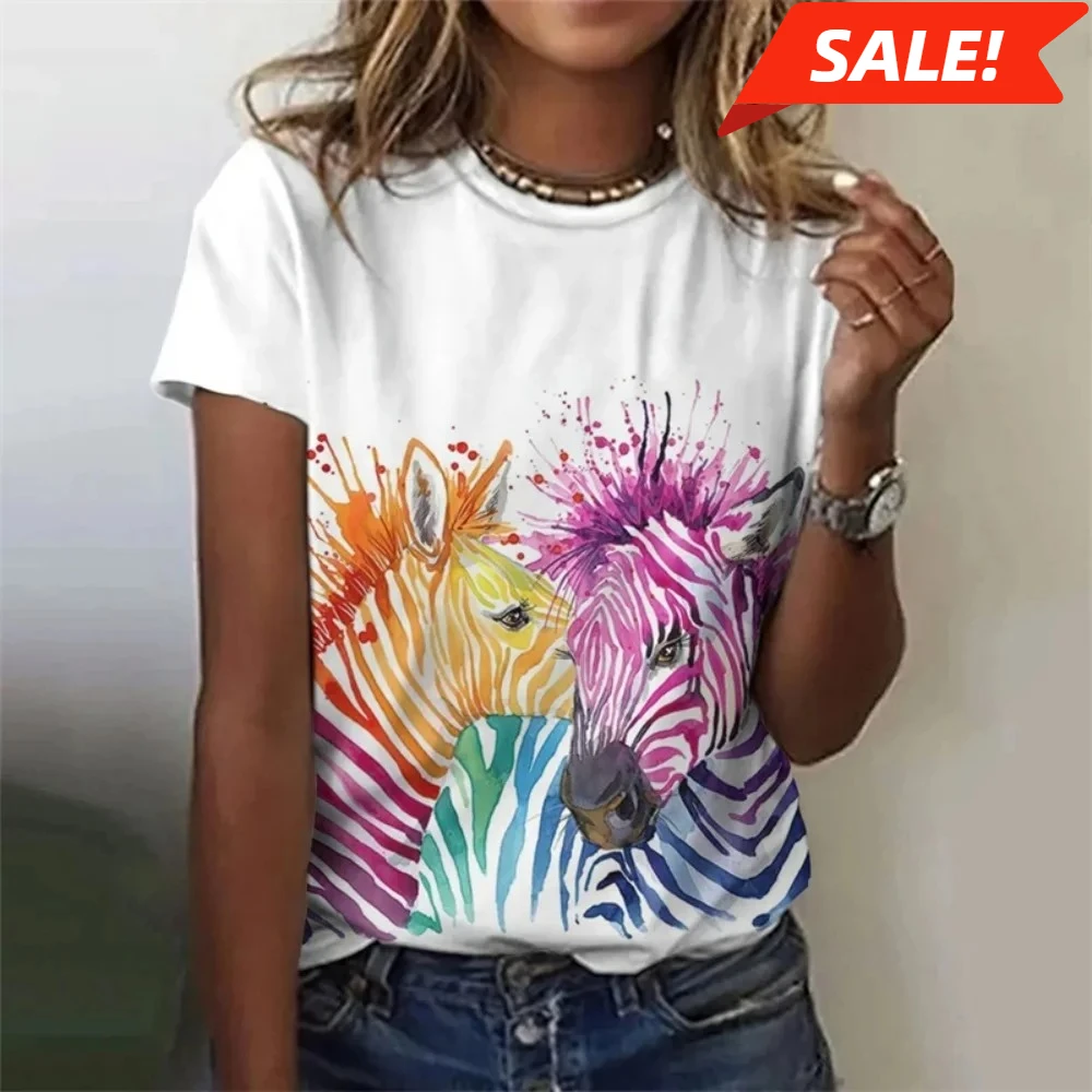 

Vintage T-Shirt for Women Casual 3D Printed Colorful Deer Abstract Geometry Graphic Short Sleeves Summer Street O-Neck Tees Tops