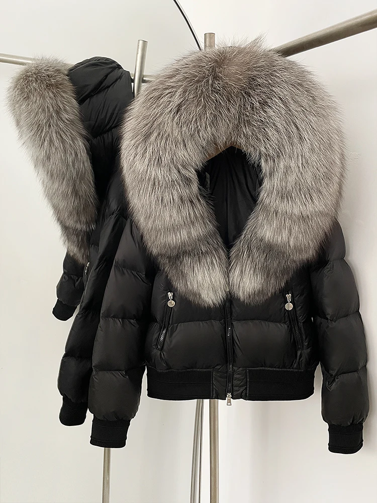 Femmes fourrure naturelle blanc canard vers le bas manteau à capuche épaissi chaud moelleux doudoune nouveau hiver réel fourrure de renard haut vêtements