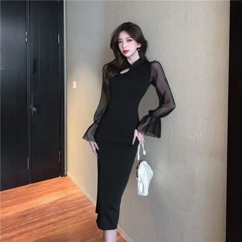 Autumn Daily Improved Cheongsam Design Slim Fit Long Sleeve Dress for Women Hip-covering Spliced Mesh Sexy Girls All-match Chic