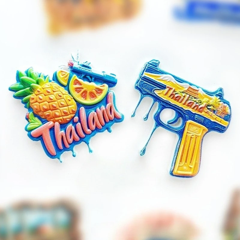 Thailand Water Splashing Festival Refrigerator Sticker 3D Tropical Fruit Water Gun Creative Tourism Souvenir Magnetic Decoration