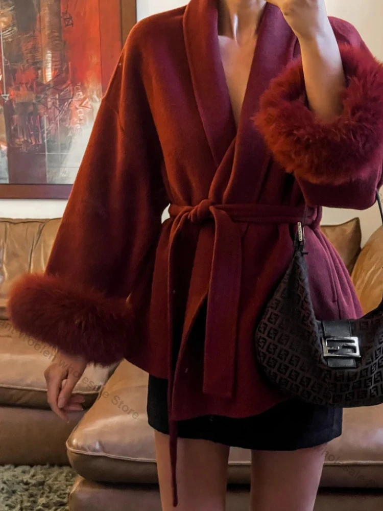 Women's Elegant Fur Trim Coat Fur Cuff Soft Wool Blend Coat Belted Autumn Winter Coat Old Money Style Natural Fur Coat Loose Fit