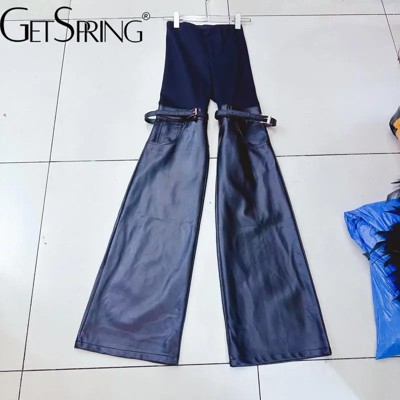 GetSpring Women Pants Capris 2024 Spring New Elastic Waist Leather Stitching Belt Decoration Flare Pants Fashion Long Trousers