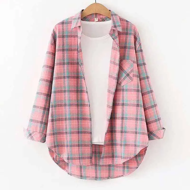 Women New Korean Frosted Plaid Cardigan Blouse Tops Coat Female Vintage Hong Kong Flavor Loose Fit Long Sleeved Shirts Jacket