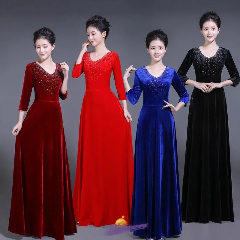 

Gold Velvet Chorus Performance Clothes Slim Fit Long Skirt New Sle Adult Conductor Costume for Large Chorus Ensemble
