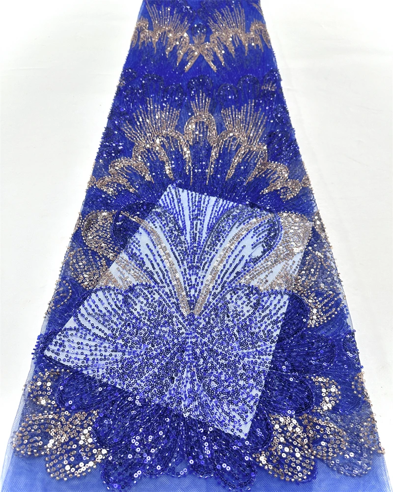

Luxury Nigerian Beaded Lace Fabric with High-Quality Sequins for Party Dress Sewing African Traditional Fashion