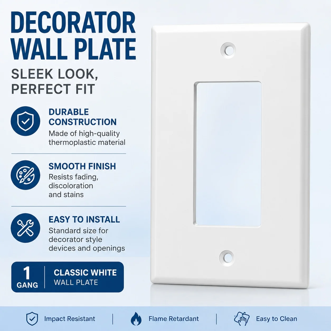 Durable Glossy White Wall Plate PC Electrical Outlet Cover Modern 1-Gang Single Pole Switch Panel for Home/Residence Use
