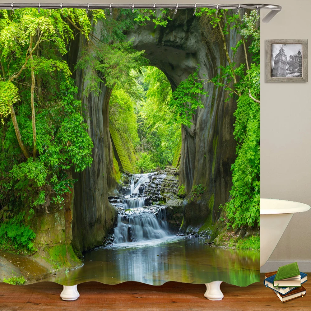 Rideau de douche imperméable avec crochets, impression 3D moderne, paysage forestier, plante verte, arbre, bain