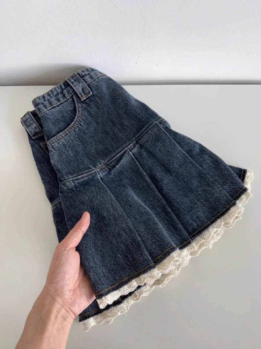 

Women Blue A-line Denim Skirt Vintage Aesthetic Y2k Patchwork Lace Jean Skirt Harajuku Korean Cowboy Skirts 2000s Clothes Summer