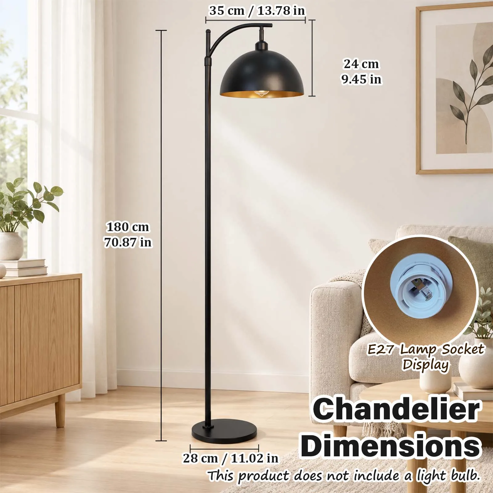 Minimalist Floor Lamp, Black Dome Shade Curved Arm for Living Room Sofa Corner