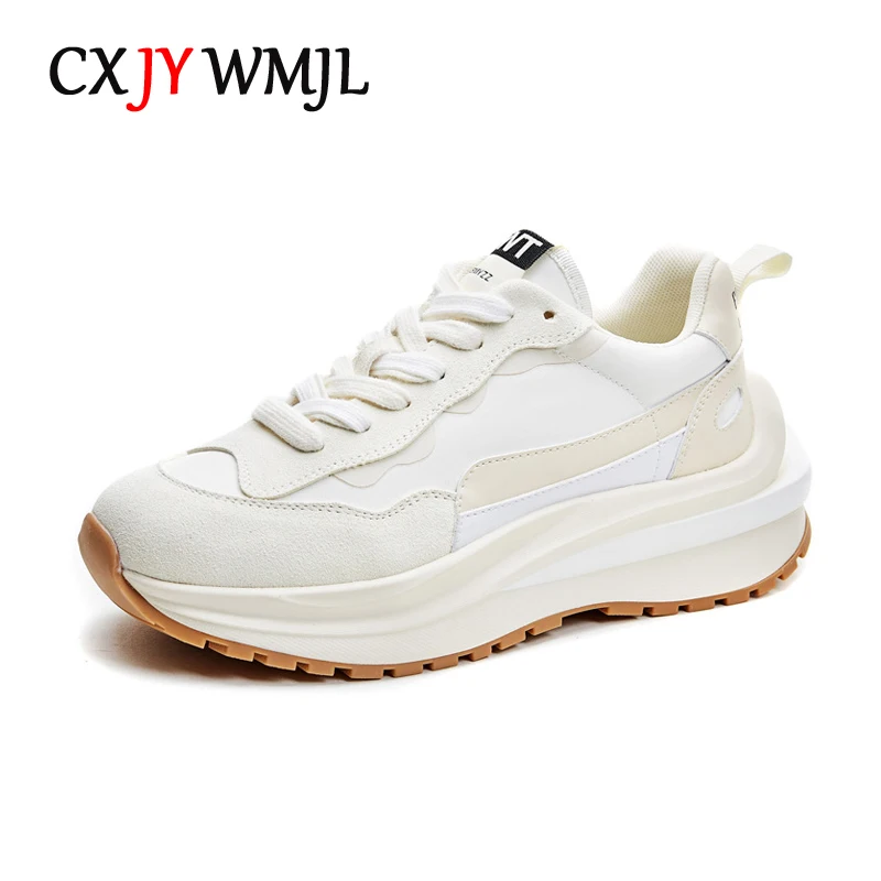 CXJYWMJL Genuine Leather Women Platform Sneakers Spring Casual Sports Chunky Shoes Ladies Thick Soled Breathable Vulcanized Shoe