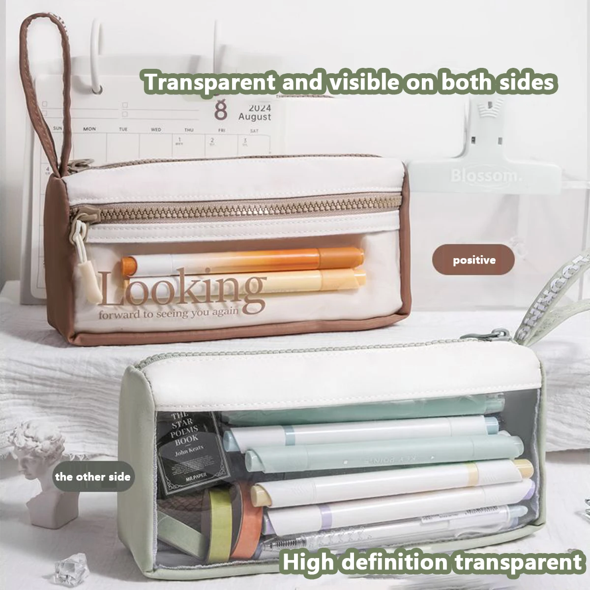 

WQN-1PC Minimalist Canvas Pen Bag Large Capacity Dirt-proof Pencil Case Translucent Stationery Bag School Office