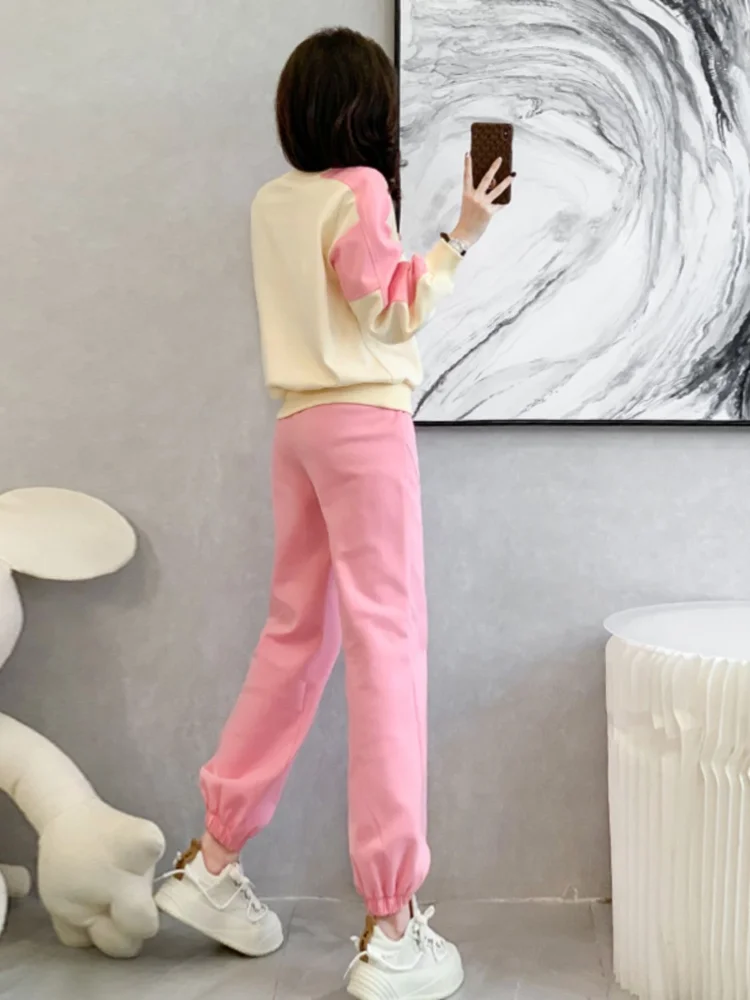 Spring Autumn Ladies Trouser Pink Sweatshirt Women's Pants Two Piece Set Printing Sport Draw String Tracksuit Casual Elegant Xxl