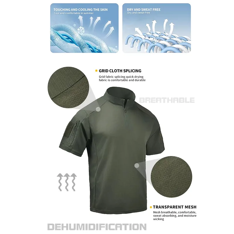 Mens Quick Dry Tactical Polo Shirt for Summer Breathable Outdoor CP Camouflage T-shirt Stand Coller Zipper Training Top Unisex