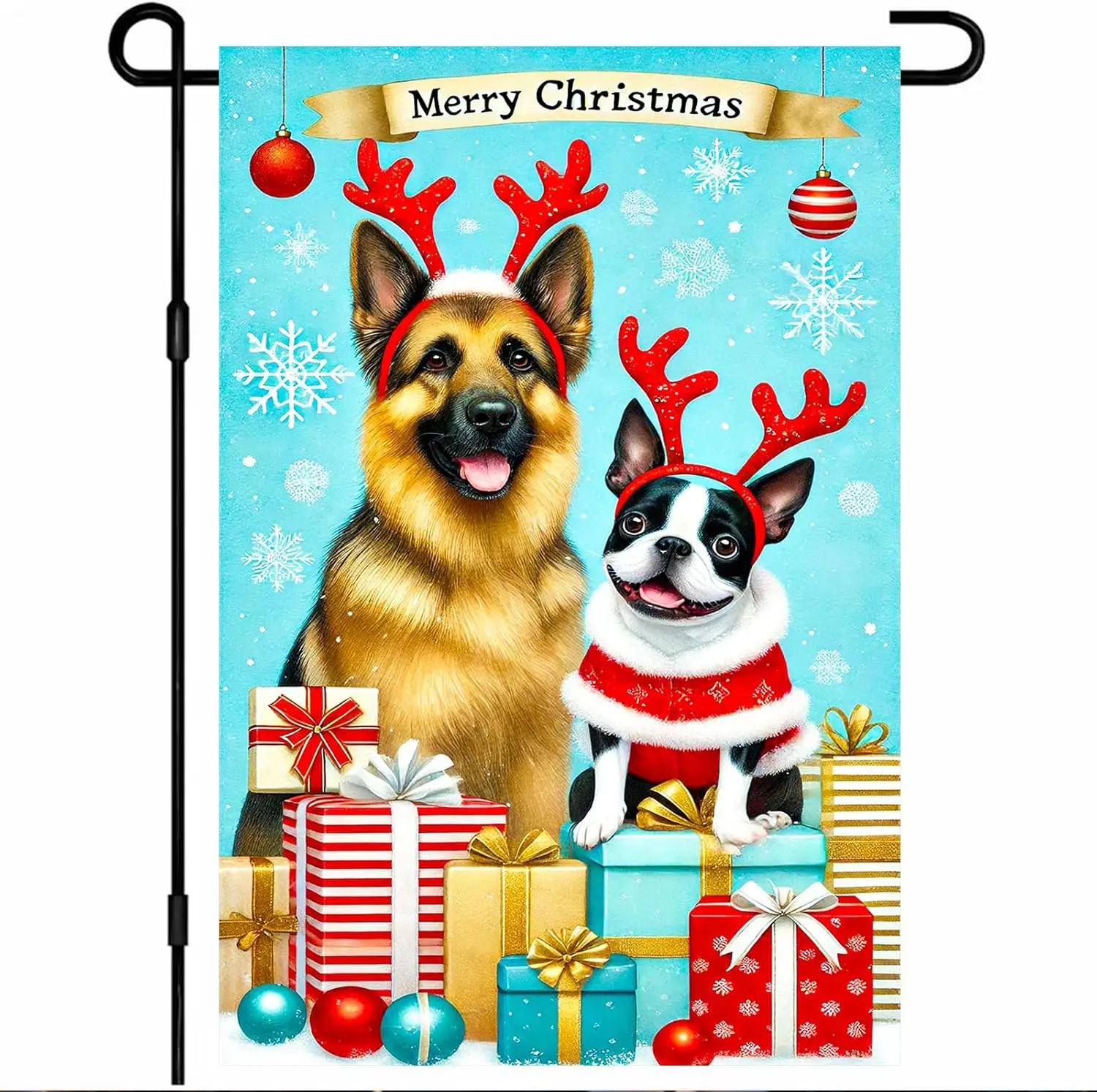 Merry Christmas Garden Flag German Shepherd Boston Terrier Flag Reindeer Antlers Snowy 12x18 Inch Double Sided Outdoor Banne hhz