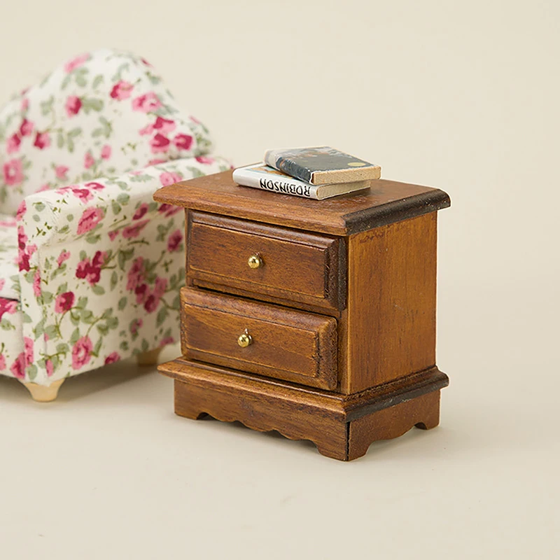 1Pc Dollhouse Miniature Double Layer Edge Cabinet Model Creative Wooden Bedside Table 1:12 Furniture Decor Crafts Accessories