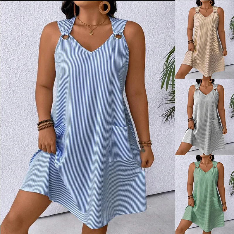 

New Summer Women's Vest Skirt O-neck Striped Metal Button Fashion Simple Loose Casual Vacation Dress