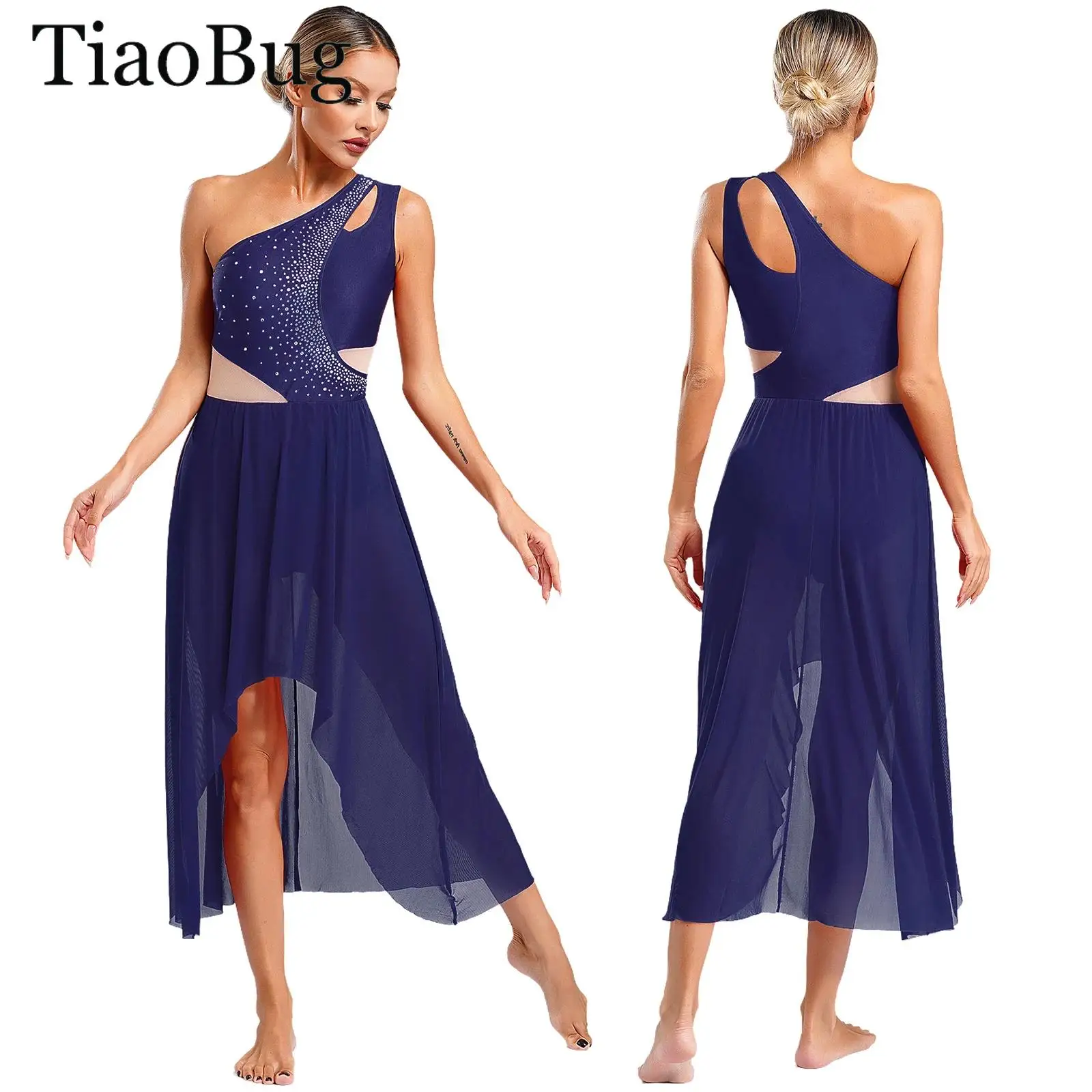 

Women One Shoulder Sleeveless Lyrical Dance Dress High-Low Rhinestone Modern Ballet Gymnastics Leotard Dress Performance Costume