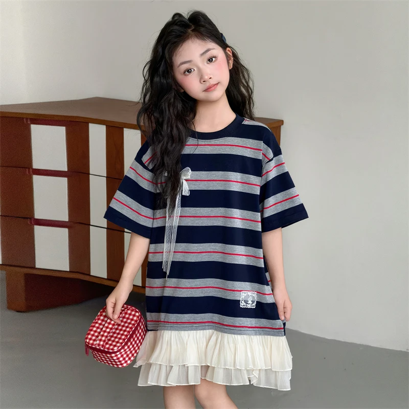 

Платье-свитшот в полоску для девочек, темно-синее, красное, серое, с коротким рукавом, кружевной оборкой по низу, повседневное, для вечеринок, для девочек 5-15 лет