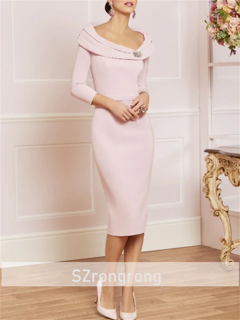 Elegant 3/4 Sleeve Satin Pleated Formal Evening Dress Tea Length Sheath Pouplar Mother of the Bride Dresses Customized
