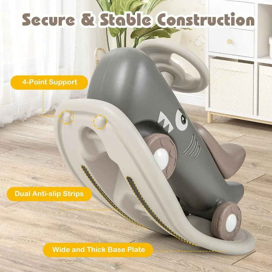 3 in 1 Rocking Horse, Ride On Push Car for Toddlers w/Detachable Balance Board, Smooth Wheels & Anti-Slip EVA Strips, Shark Rock