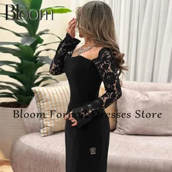 Bloom Square Neck Long Sleeves Solid Black Zipper Back Floor Length sheath Classic Celebrity Evening Dress High Quality straps