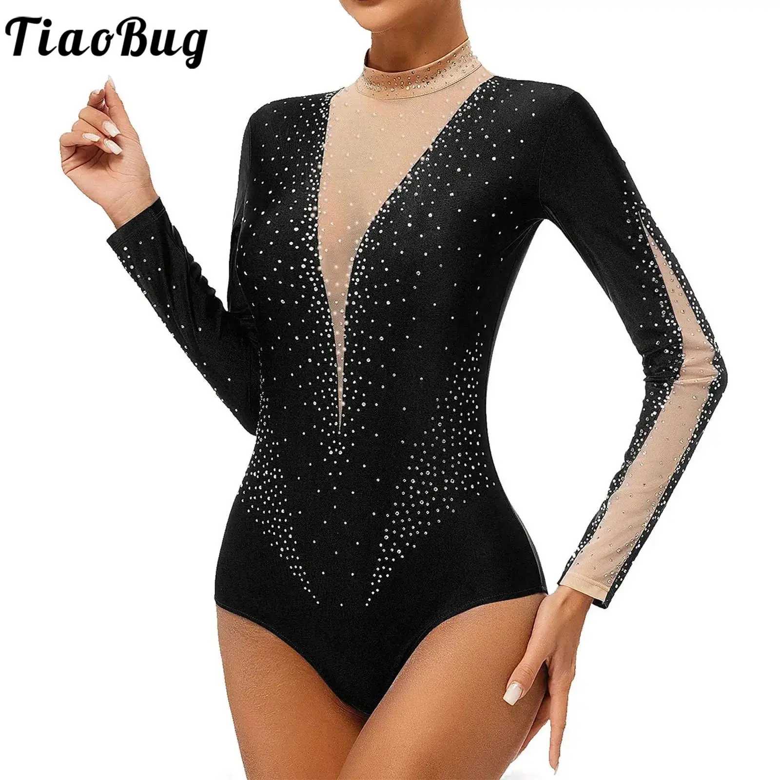 

Women Ballet Gymnastic Leotard Long Sleeve Rhinestones Bodysuit Tops Dancewear for Figure Skating Acrobatics Performance Costume