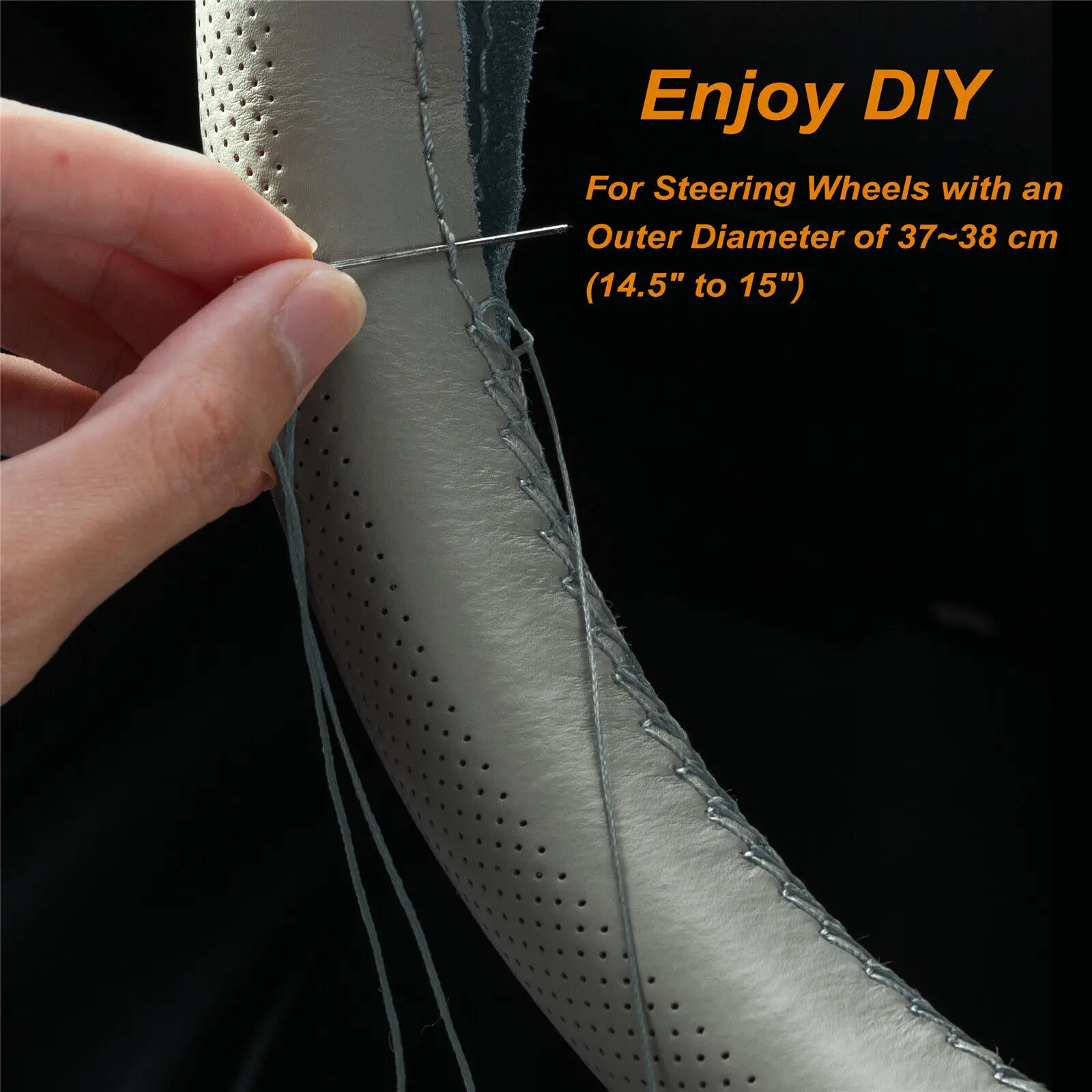 Grey Genuine Leather DIY Car Steering Wheel Cover Breathable Anti-slip 15''