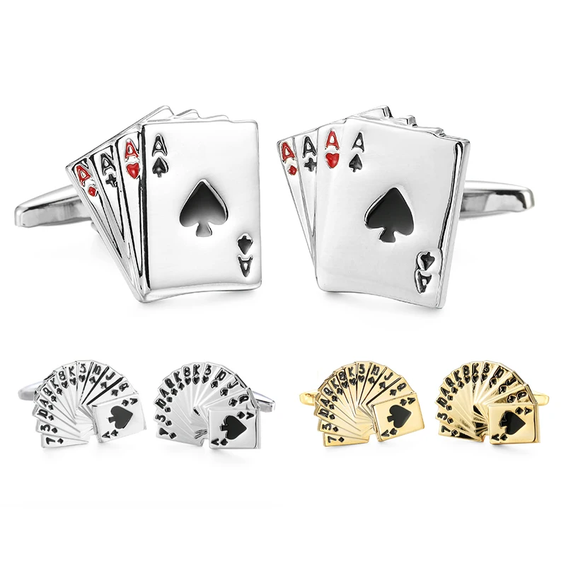 Abotoaduras de camisa francesa masculina de alta qualidade, metal de cobre, cartões de pôquer, design, botões, acessórios de terno, joias de casamento, presentes