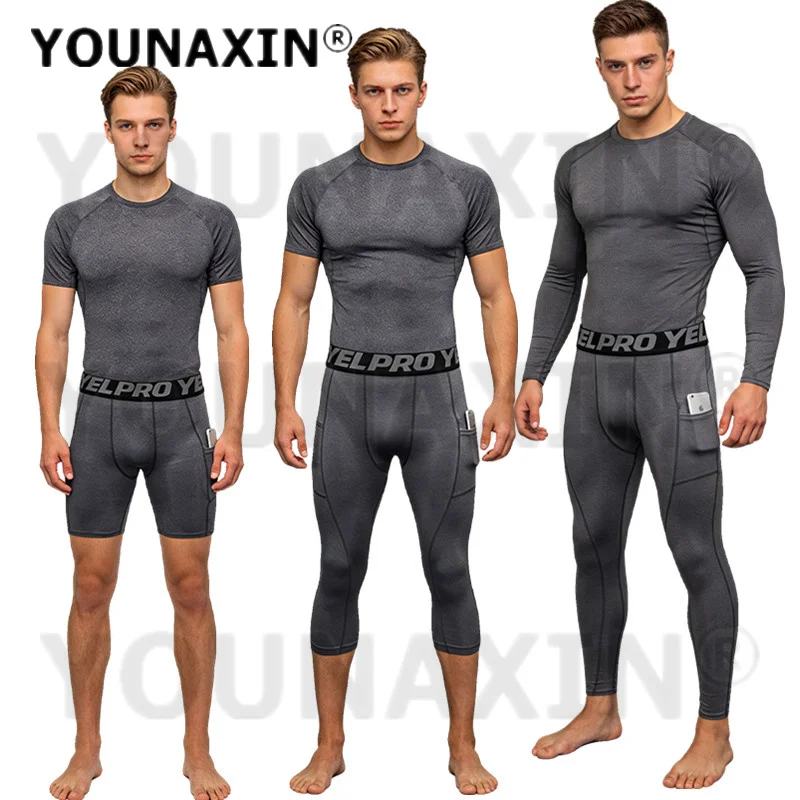 

Мужские серые футболки YOUNAXIN для фитнеса, бега, тренировок, укороченные брюки, спортивная одежда, быстросохнущие, размеры S, M, L, XL, 2XL