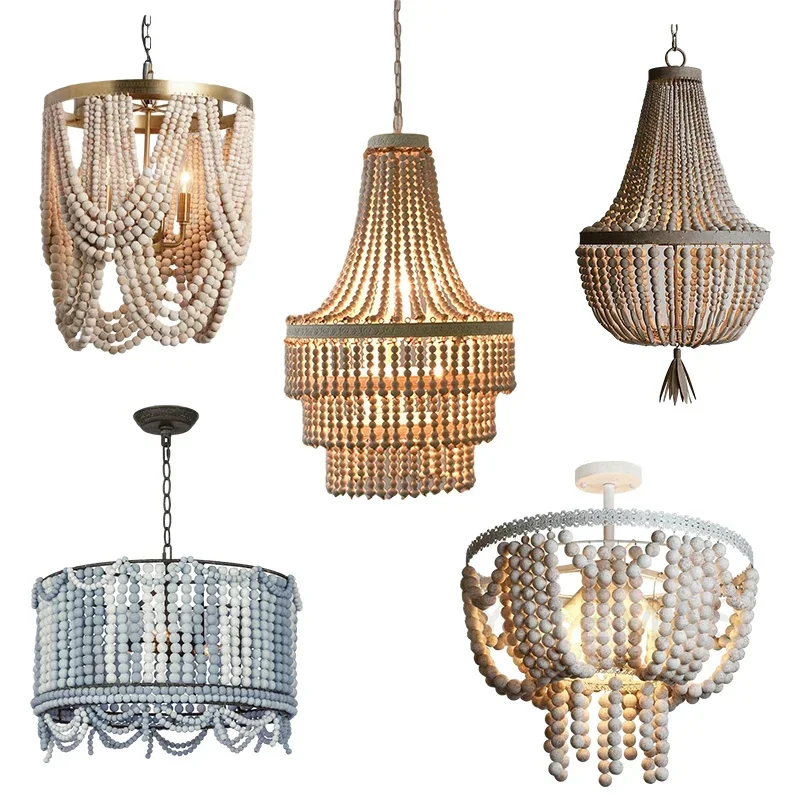 Gold Chandelier Wooden Beaded Lighting Fixture Fringe Hanging Light Kitchen Baby Kids Room Foyer Bedroom Dining  Wood Lamp