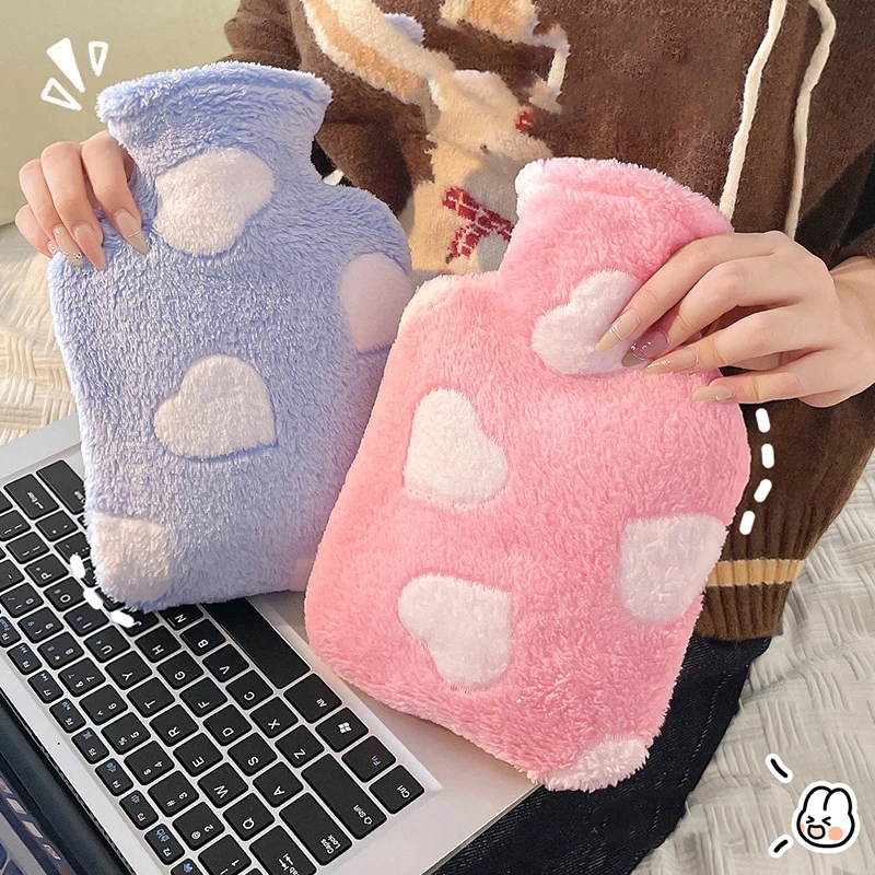 Cute Heart Hot Water Bag Winter Warm Water Injection Flannelette Warm Bag Hand Foot Belly Warmer Explosion-proof Hot Water Bag