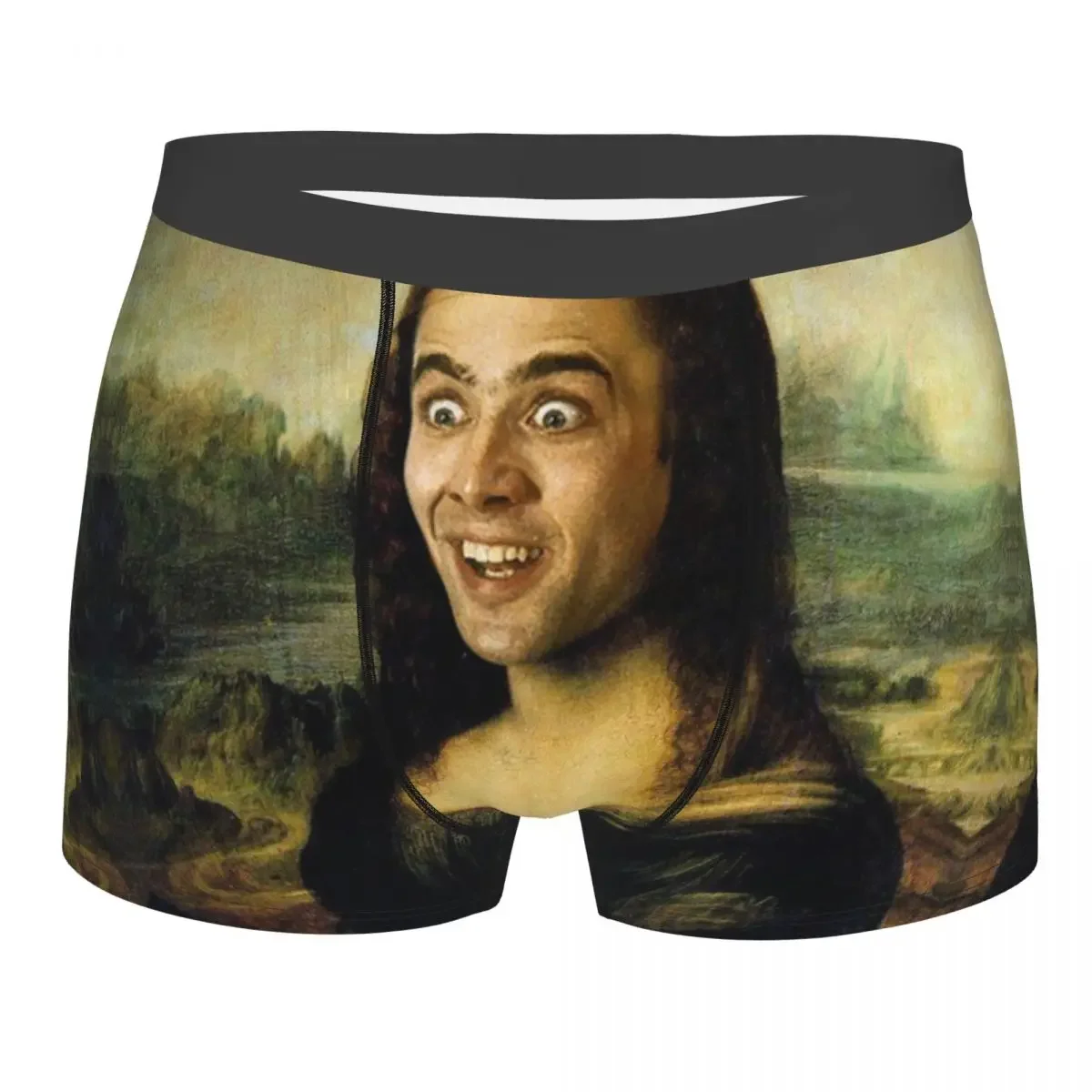 Sexy Boxer Nicolas Cage Mona Lisa Shorts Panties Men's Underwear Meme Funny Face Mid Waist Underpants for Homme Plus Size