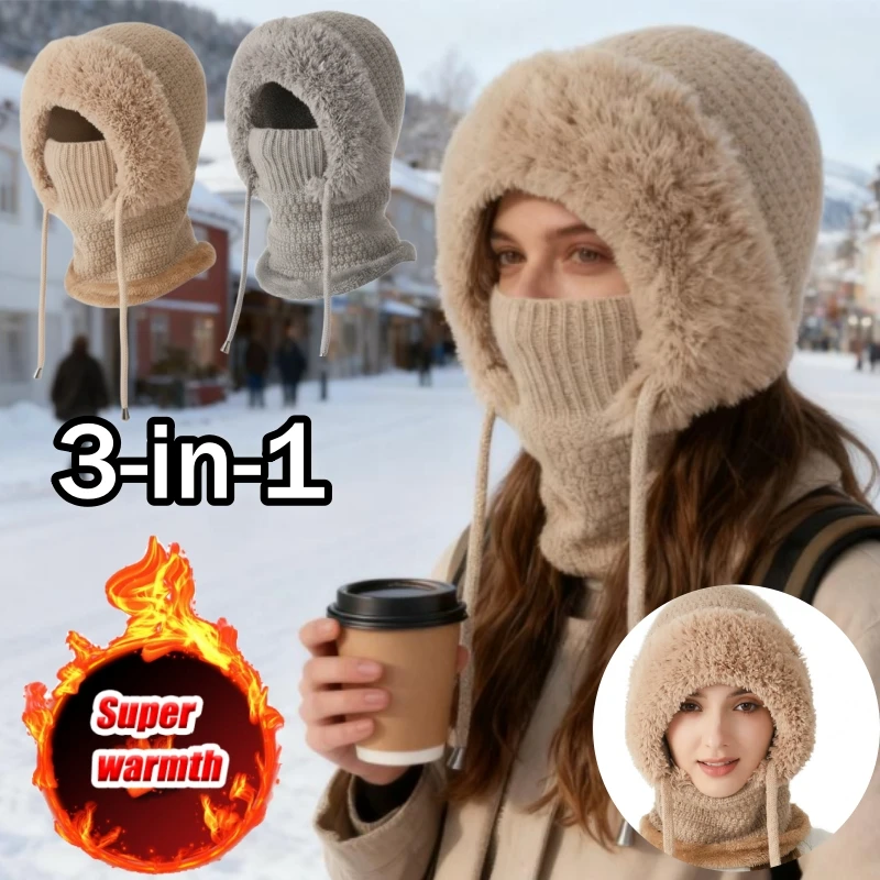 Gestrickte Sturmhaube für Damen im Winter mit Gesichtsbedeckung und Halswärmer, All-in-One-Reitmütze mit Fleece-Futter für den Radsport