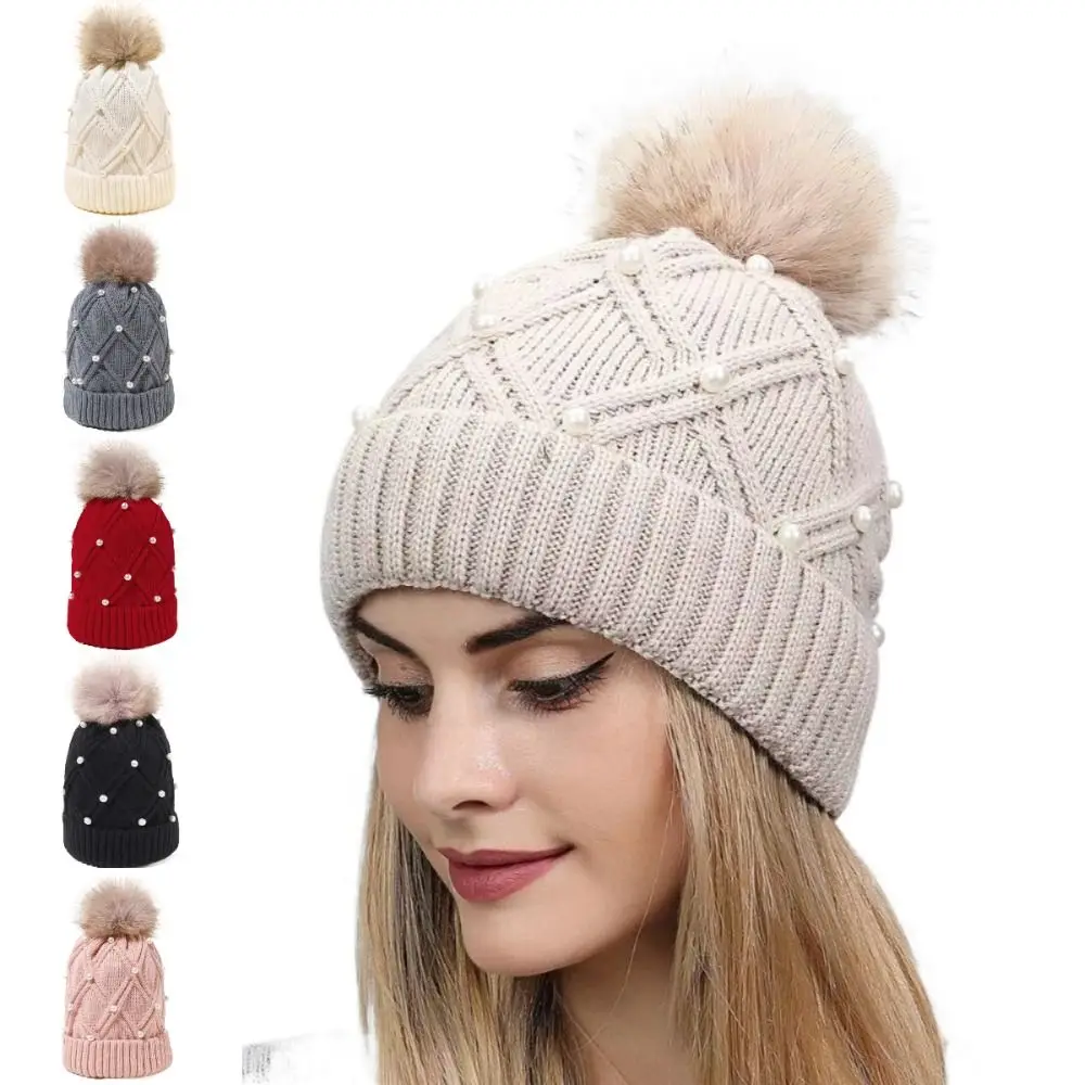 Gorro de punto con diamantes para mujer, gorro de lana de franela gruesa y cálida, con bola de lana grande, con borde doblado, de Color sólido, para exteriores