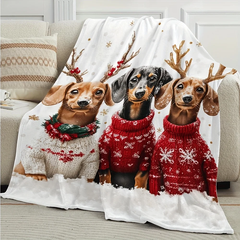 1pc,Christmas Dachshund Dogs Reindeer Antlers Flannel Blanket,An Afternoon Nap Blanket,suitable for All Seasons Winter